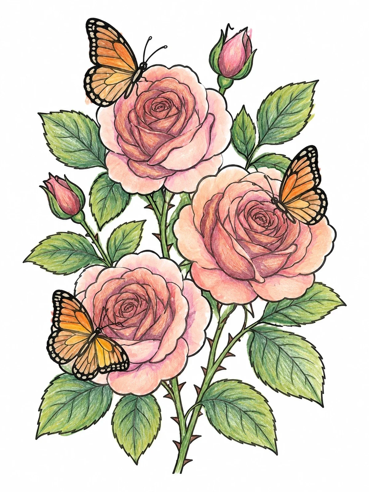 Colored example of the Garden Roses With Fluttering Butterflies coloring page