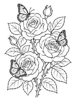 Three blooming flowers and butterflies in a delicate roses coloring page.