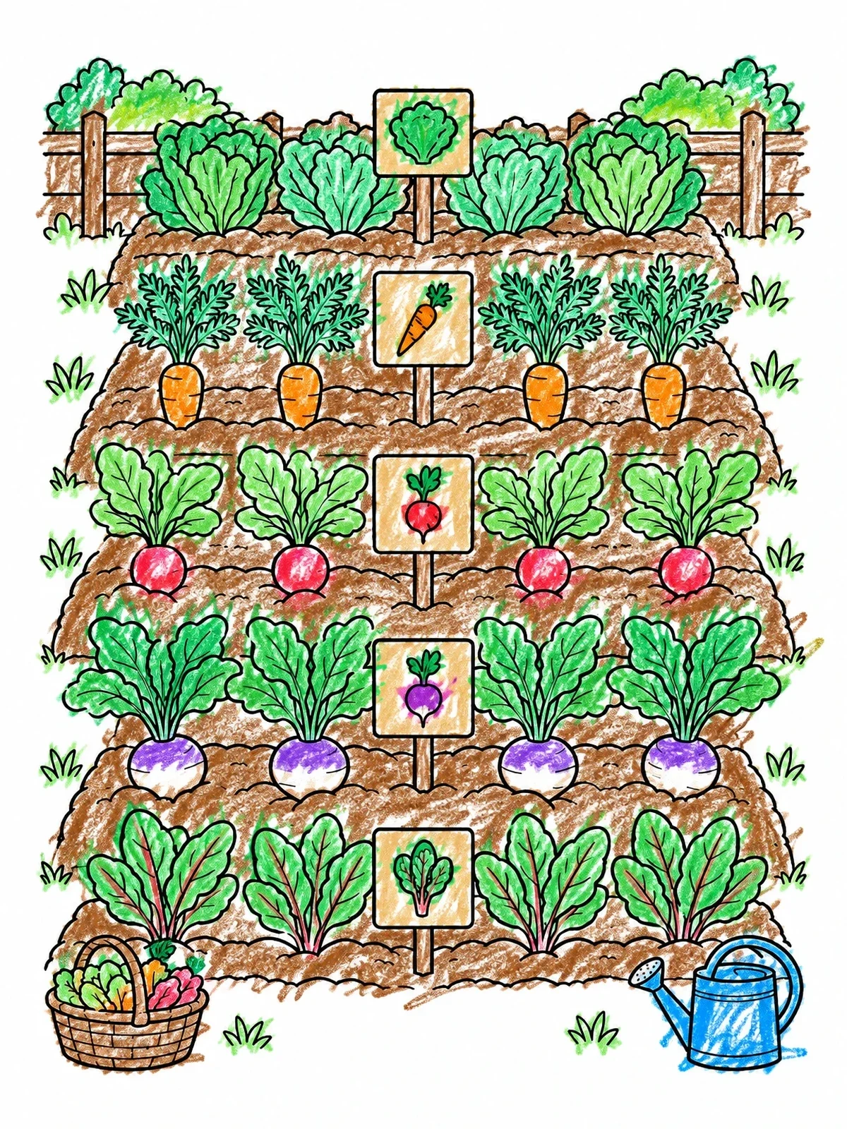 Colored example of the Garden Rows With Vegetable Markers coloring page