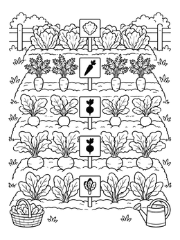 Tidy garden rows marked with signs in this vegetable coloring page.