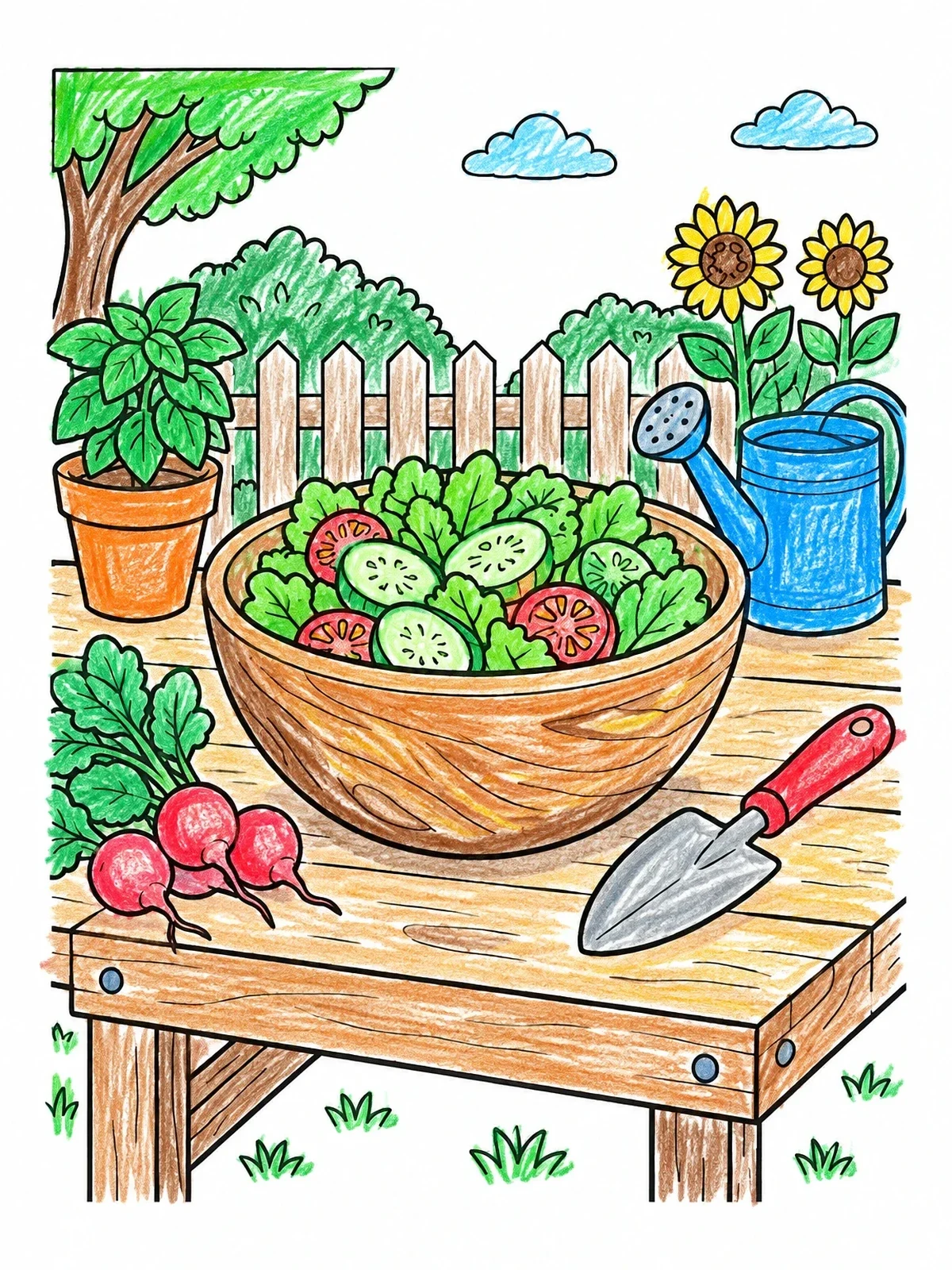 Colored example of the Garden Salad On Outdoor Workbench coloring page