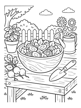 Free printable Garden Salad On Outdoor Workbench coloring page