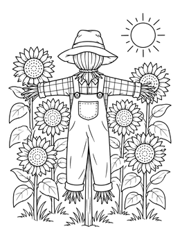 A cheerful garden scarecrow stands among blooming flowers on this sunflower coloring page.