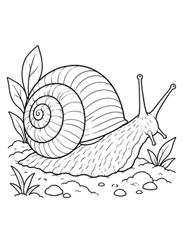 Detailed garden snail coloring page crawling on ground with leaves.
