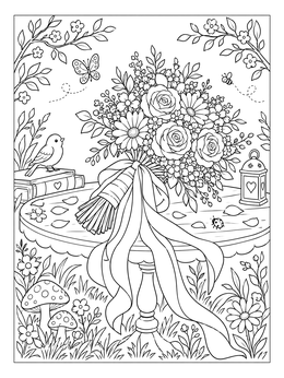 A detailed flower coloring page featuring a bridal bouquet on an outdoor garden table.