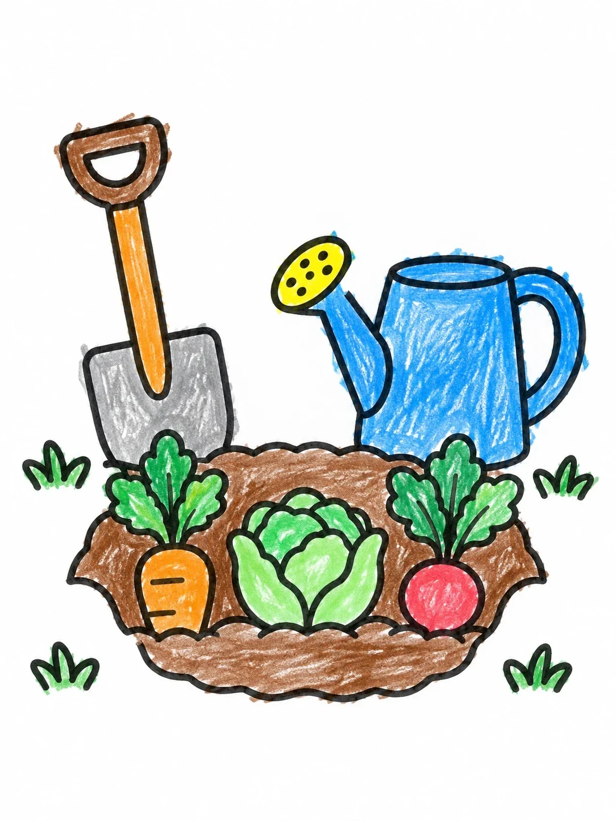 Colored example of the Garden Tools And Fresh Vegetables coloring page