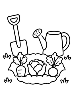 Free printable Garden Tools And Fresh Vegetables coloring page