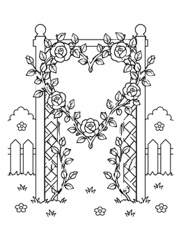 Free printable Garden Trellis With Heart Rose Arch coloring page