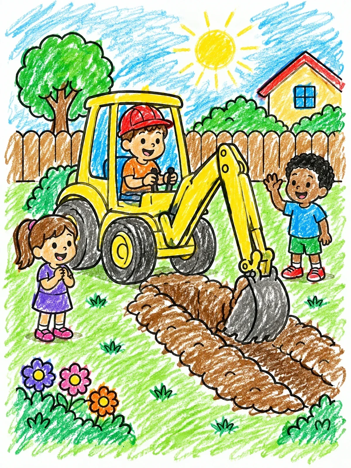 Colored example of the Digging In The Garden Backhoe coloring page