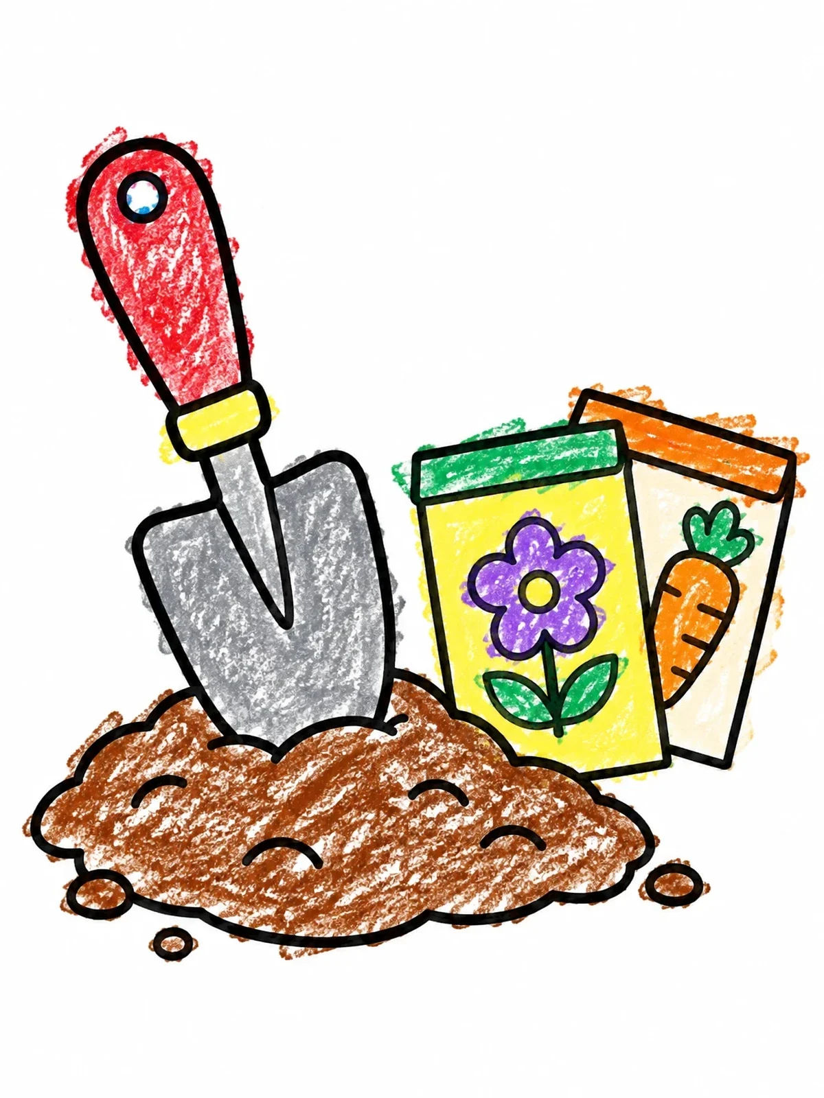 Colored example of the Garden Trowel And Seed Packets coloring page