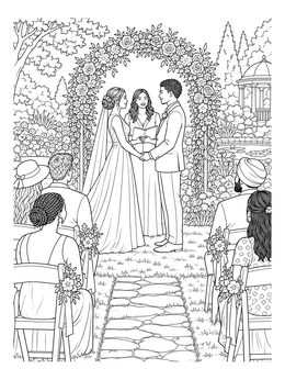A bride and groom hold hands in this outdoor garden wedding coloring page.