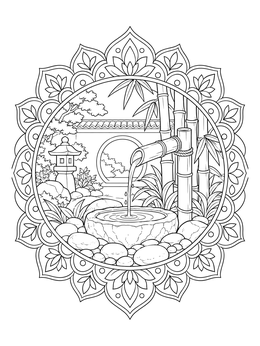 A serene bamboo water fountain and stone basin inside an ornate frame on this garden coloring page.