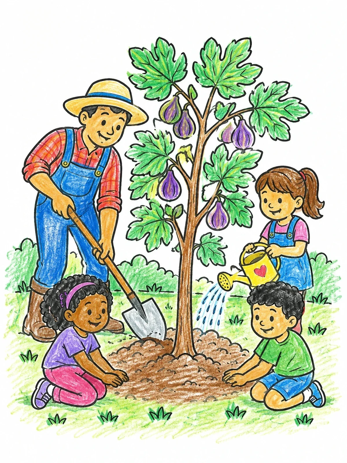 Colored example of the Gardener And Children Tending A Fig Tree coloring page