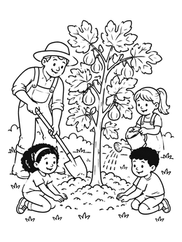 Free printable Gardener And Children Tending A Fig Tree coloring page