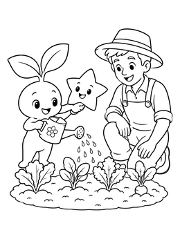 A friendly sprout coloring page showing a farmer, little star, and cute sprout watering garden plants.