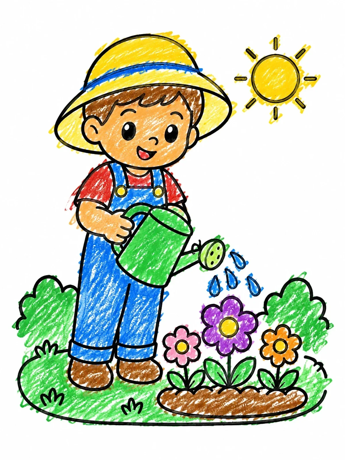 Colored example of the Child Watering Garden Flowers coloring page
