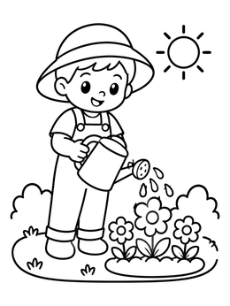 Free printable Child Watering Garden Flowers coloring page