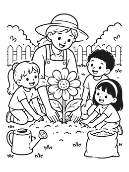 Free printable Gardener And Children Planting A Flower coloring page