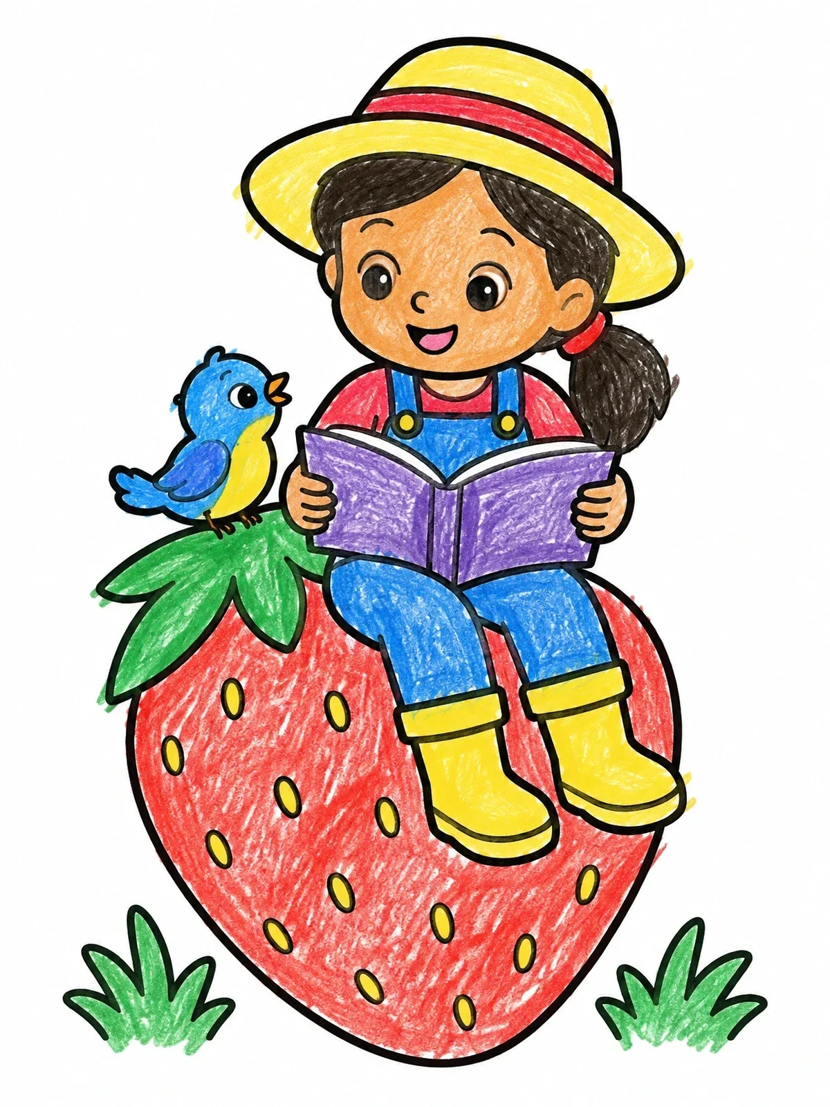 Colored example of the Gardener Girl Reading On Giant Strawberry coloring page