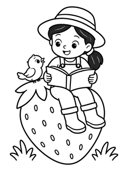 A sweet strawberry coloring page with a young gardener reading a book to a little bird.