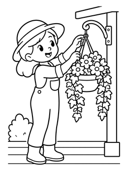 Free printable Hanging A Flower Basket On The Porch coloring page