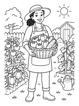 Free printable Gardener With Fresh Harvest Basket coloring page