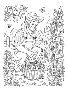 Free printable Gardener Harvesting Fresh Green Beans coloring page
