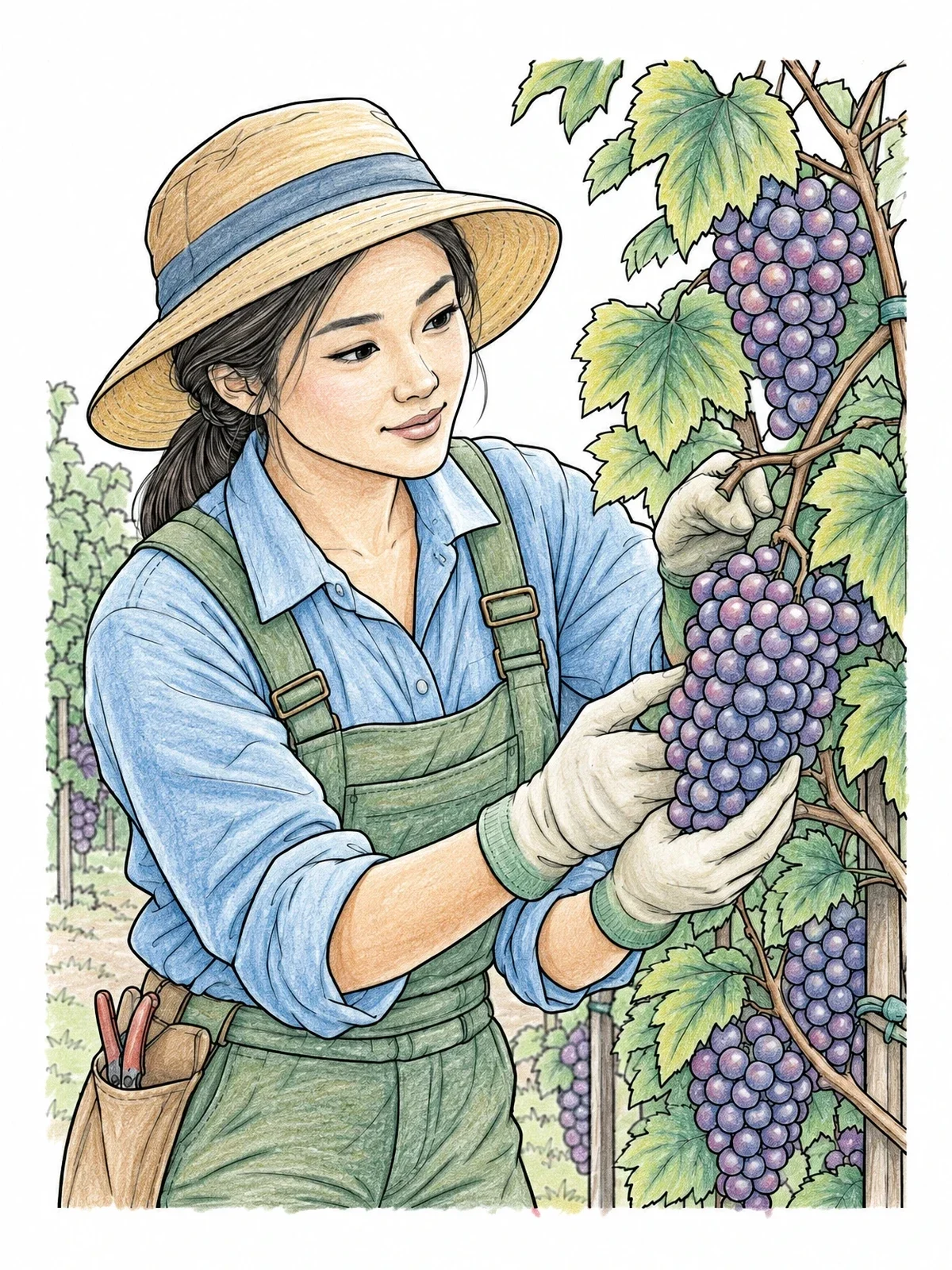 Colored example of the Gardener Inspecting Ripe Grapevines coloring page