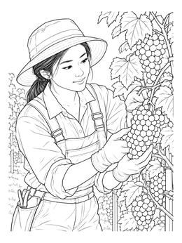 Free printable Gardener Inspecting Ripe Grapevines coloring page