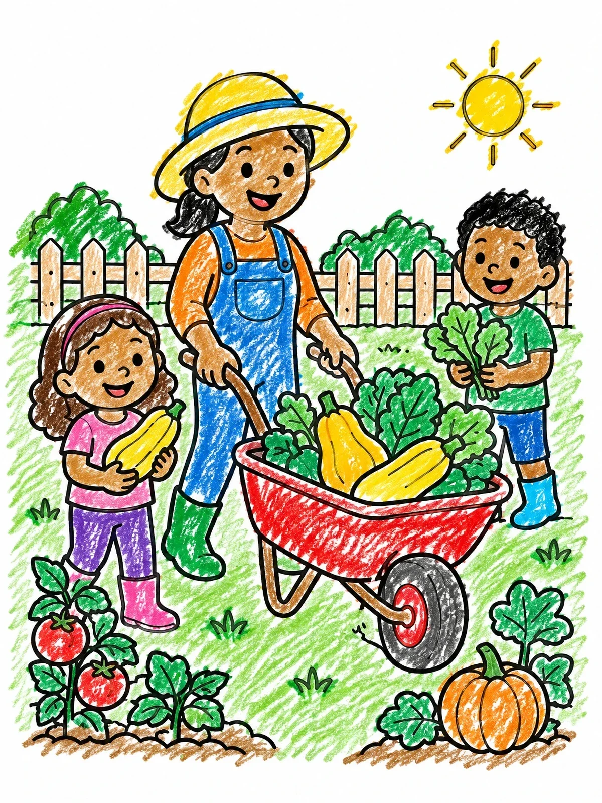 Colored example of the Family Harvesting Garden Vegetables With Wheelbarrow coloring page
