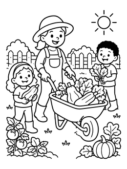 Free printable Family Harvesting Garden Vegetables With Wheelbarrow coloring page