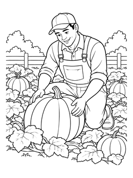 Free printable Gardener Kneeling By Giant Pumpkin coloring page
