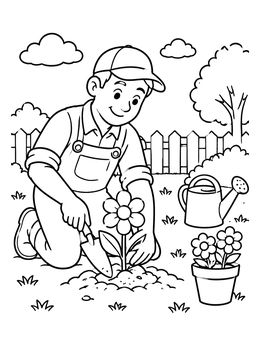 A cheerful gardener planting blooms outside on this flower coloring page.