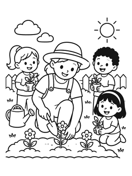 Free printable Gardener Planting Flowers With Children coloring page