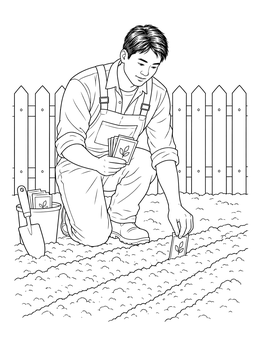 A young man kneeling outdoors in this gardener coloring page, placing seed packets into garden soil.