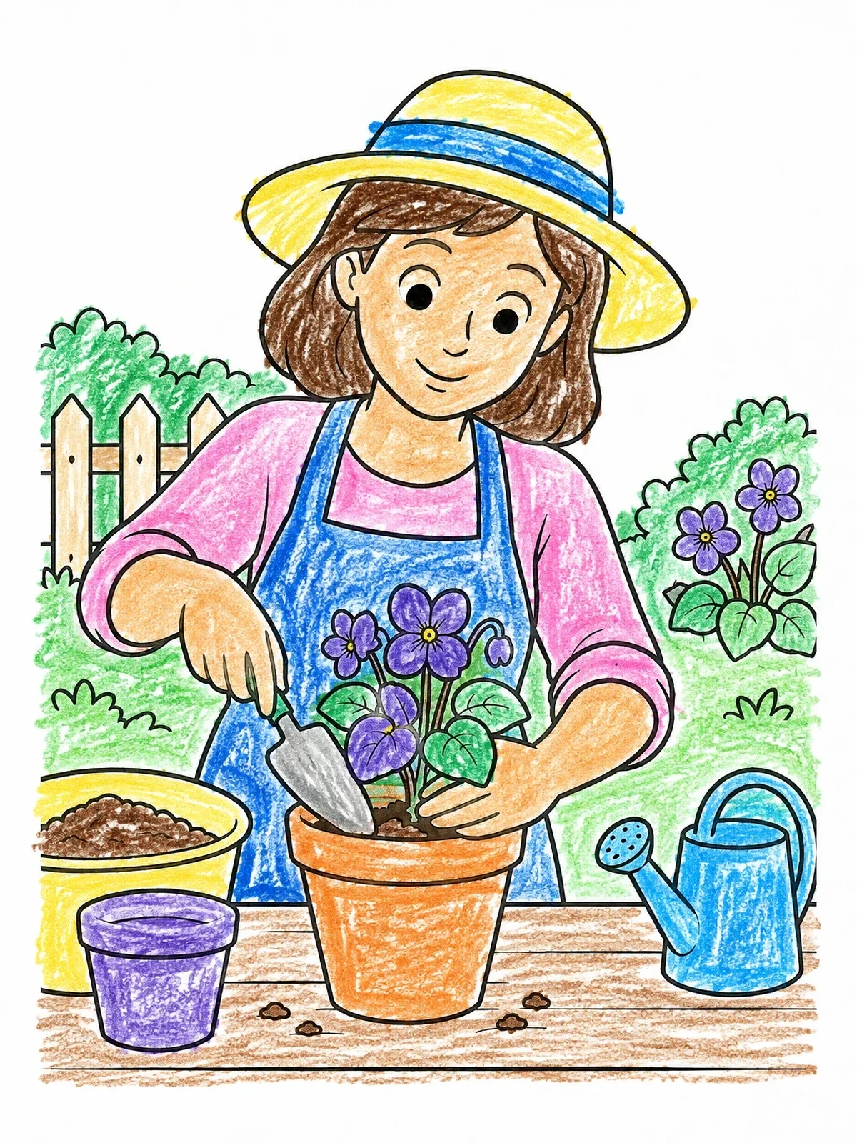 Colored example of the Gardener Potting Sweet Violets coloring page