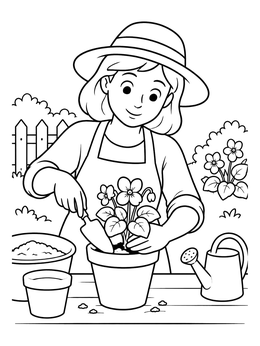 Free printable Gardener Potting Sweet Violets coloring page