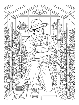 A detailed gardener coloring page showing a man tying tomato vines to wooden stakes inside a sunny greenhouse.