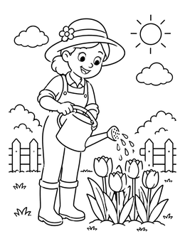 Free printable Gardener Watering Blooming Garden Tulips coloring page