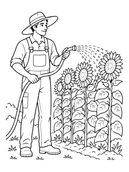 Free printable Gardener Watering Tall Sunflowers coloring page
