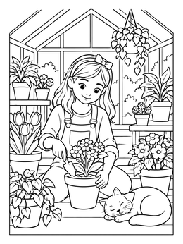 Free printable Young Girl Gardening In Greenhouse coloring page