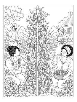 Gardeners harvest blooming sweet peas on this garden coloring page.