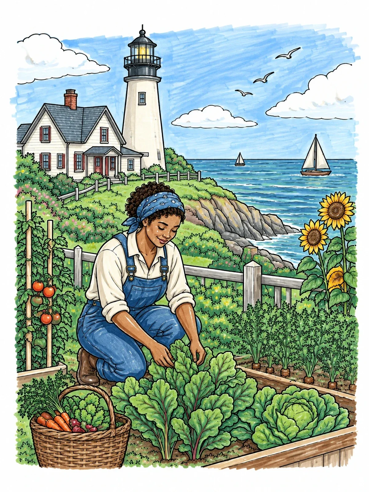Colored example of the Gardening By The Coastal Lighthouse coloring page