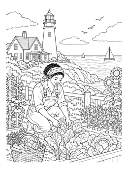 Lighthouse beach coloring page of a woman tending a vegetable garden by the sea.