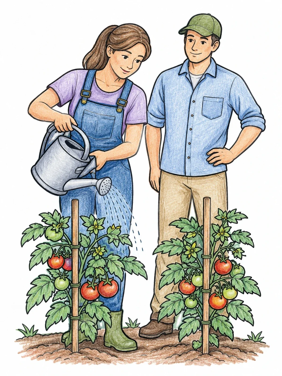 Colored example of the Gardening Couple Watering Tomato Plants coloring page