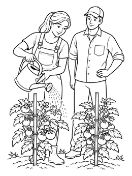 Two gardeners caring for tomato plants in this detailed garden coloring page.