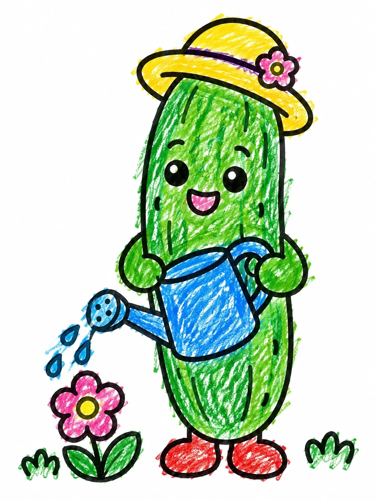 Colored example of the Cute Gardening Cucumber With Watering Can coloring page