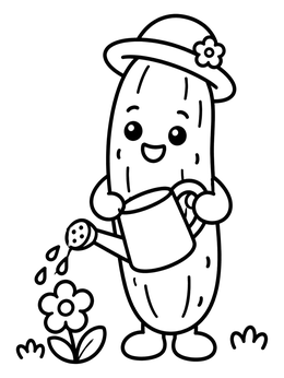 Free printable Cute Gardening Cucumber With Watering Can coloring page