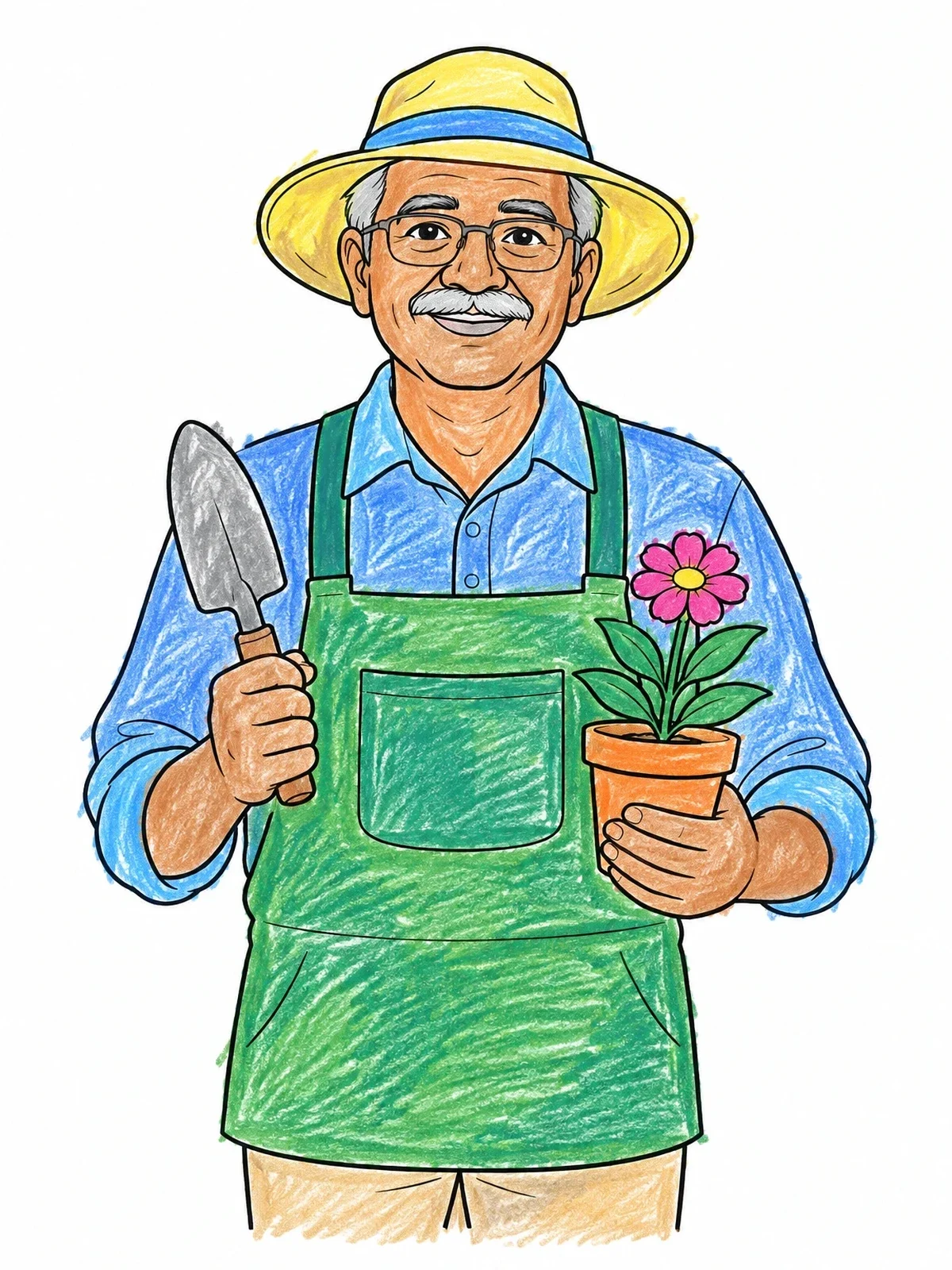 Colored example of the Gardening Grandpa With Flower Pot coloring page