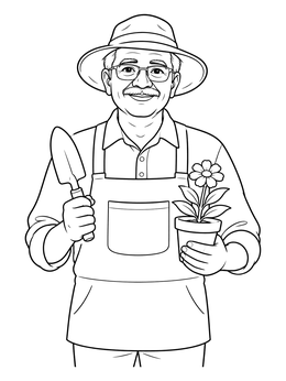Free printable Gardening Grandpa With Flower Pot coloring page